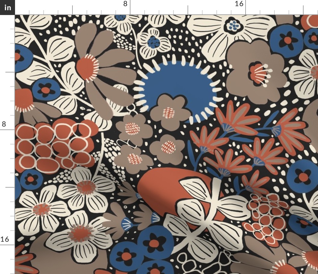 Non-directional modern flowers. Blue, brown, rusty red, white florals on black background. Asian-style florals - Medium