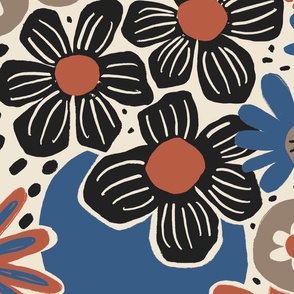 Non-directional modern flowers. Blue, brown, rusty red, black florals on off-white background. Asian-style florals - Large