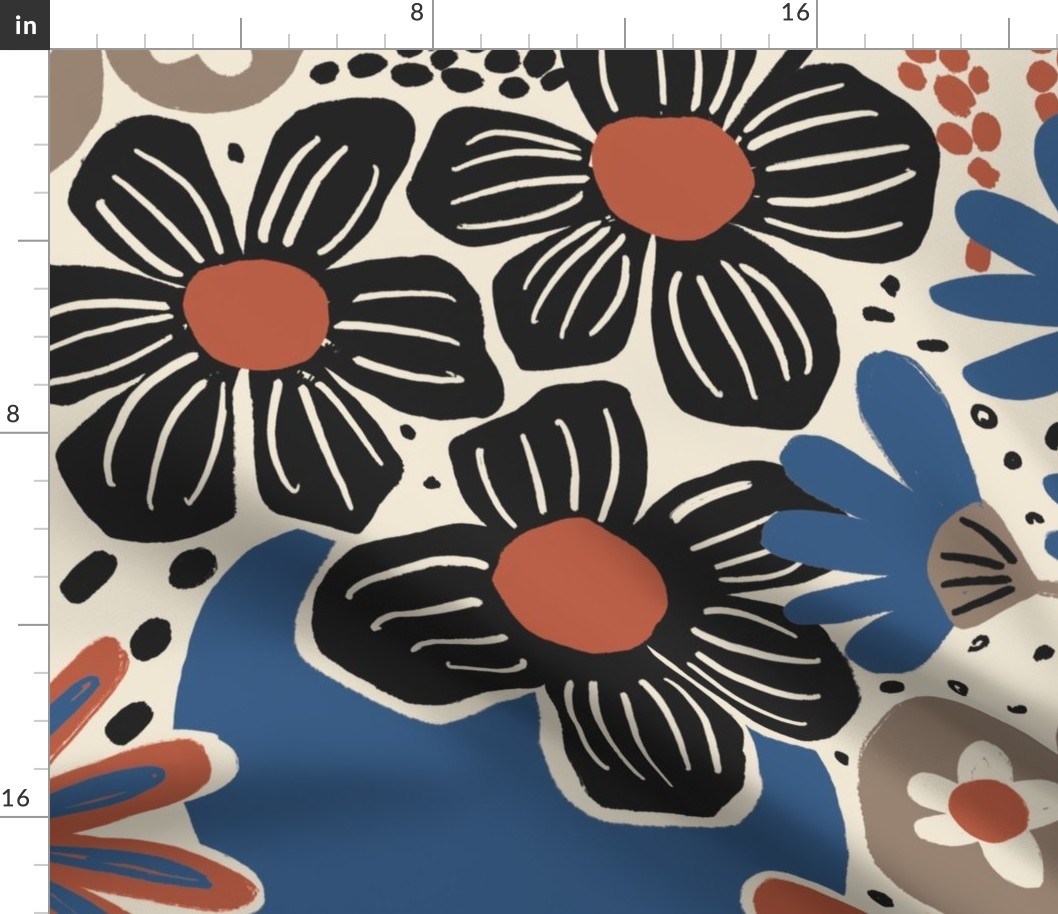 Non-directional modern flowers. Blue, brown, rusty red, black florals on off-white background. Asian-style florals - Large