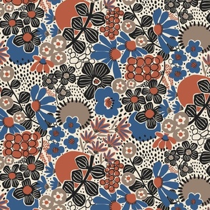 Non-directional modern flowers. Blue, brown, rusty red, black florals on off-white background. Asian-style florals - Small