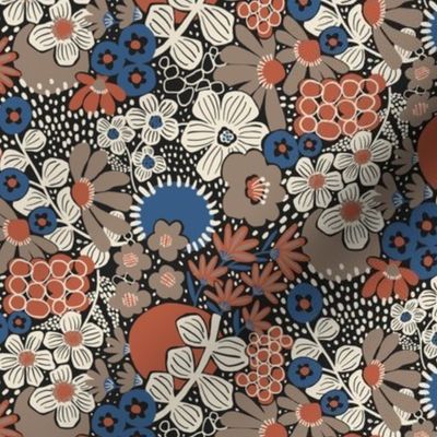 Non-directional modern flowers. Blue, brown, rusty red, white florals on black background. Asian-style florals - XS