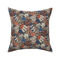 Non-directional modern flowers. Blue, brown, rusty red, white florals on black background. Asian-style florals - XS