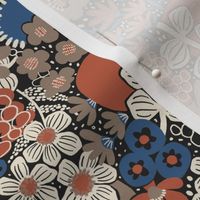 Non-directional modern flowers. Blue, brown, rusty red, white florals on black background. Asian-style florals - XS