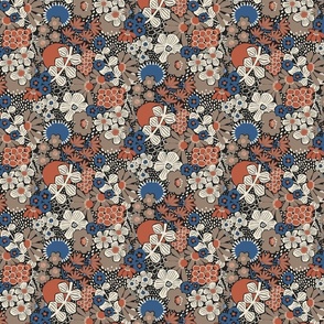 Non-directional modern flowers. Blue, brown, rusty red, white florals on black background. Asian-style florals - XS