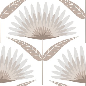 Large scale mod palm fanning floral in shades of beige and taupe. Modern wallpaper or home decor.