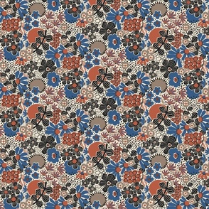 Non-directional modern flowers. Blue, brown, rusty red, black florals on off-white background. Asian-style florals - XS