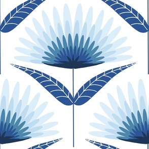 Large scale mod palm fanning floral in shades of blue