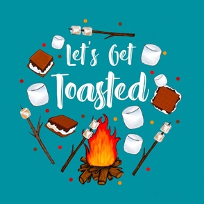 18x18 Panel Let's Get Toasted Funny Campfire S'mores on Turquoise for DIY Throw Pillow Cushion Cover or Tote Bag