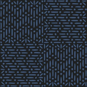 Granary Check, blue on black (Large) – textural marks with lines and dots – harvest table