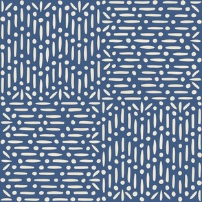 Granary Check, cream on blue (Large) – textural marks with lines and dots – harvest table