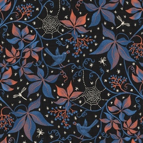 autumn table linen with east fork colors dark textured / blue and red leaves-  large scale: 18" as fabric / 24" as wallpaper