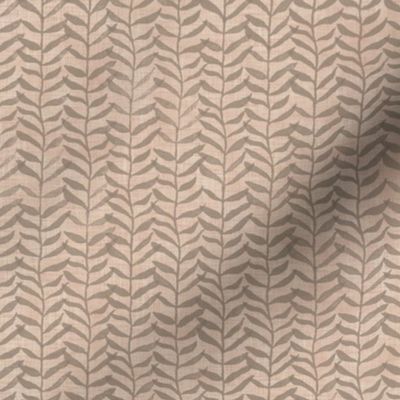 Leafy Block Print on Burlap | Leaf pattern fabric from original block print in warm earth tones, woodland neutrals, botanical block print fabric, leaves, plants print on natural fibres.