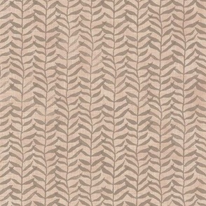 Leafy Block Print on Burlap | Leaf pattern fabric from original block print in warm earth tones, woodland neutrals, botanical block print fabric, leaves, plants print on natural fibres.