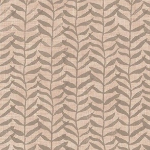 Leafy Block Print on Burlap (large scale) | Leaf pattern fabric from original block print in warm earth tones, woodland neutrals, botanical block print fabric, leaves, plants print on natural fibres.