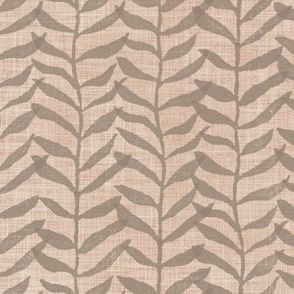 Leafy Block Print on Burlap (xl scale) | Leaf pattern fabric from original block print in warm earth tones, woodland neutrals, botanical block print fabric, leaves, plants print on natural fibres.