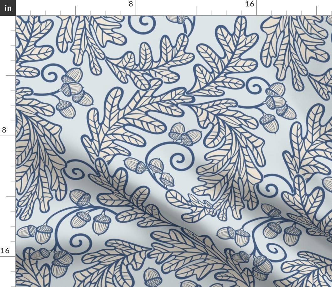Autumnal Oak Leaves and Acorns- Victorian Fall- Thanksgiving Table Cloth- Autumn William Morris Inspired- Arts and Crafts- Navy Blue and Beige on Light Blue- Medium