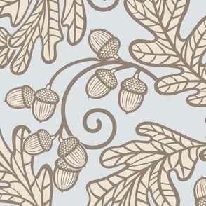Autumnal Oak Leaves and Acorns- Victorian Fall- Thanksgiving Table Cloth- Autumn William Morris Inspired- Arts and Crafts- Pastel Neutrals- Khaki and Beige on Light Blue- Medium
