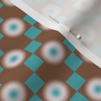 GRPD3 - Clearly Unfocused Gradient Polka Dots on Checks in Turquoise and Brown - 2 inch repeat - half brick layout