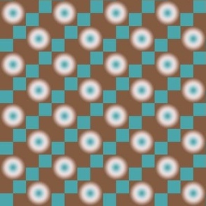 GRPD3 - Clearly Unfocused Gradient Polka Dots on Checks in Turquoise and Brown - 2 inch repeat - half brick layout