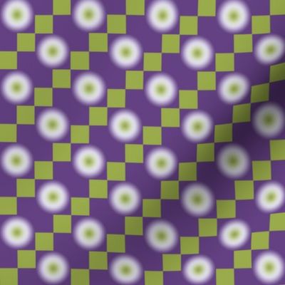 GRPD5 - Clearly Unfocused Gradient Polka Dots on Checks in Lime Green and Violet - 2 inch repeat - half brick layout