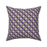 GRPD5 - Clearly Unfocused Gradient Polka Dots on Checks in Lime Green and Violet - 2 inch repeat - half brick layout