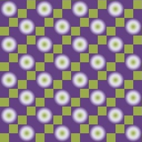 GRPD5 - Clearly Unfocused Gradient Polka Dots on Checks in Lime Green and Violet - 2 inch repeat - half brick layout