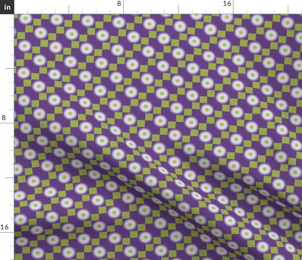 GRPD5 - Clearly Unfocused Gradient Polka Dots on Checks in Lime Green and Violet - 2 inch repeat - half brick layout