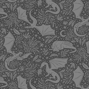 Dragons Botanical - grey on charcoal black - medium