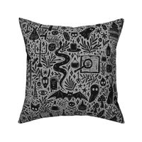 Witchy Library Monster Mash - dark academia, cute ghosts and magical creatures - black and grey - medium