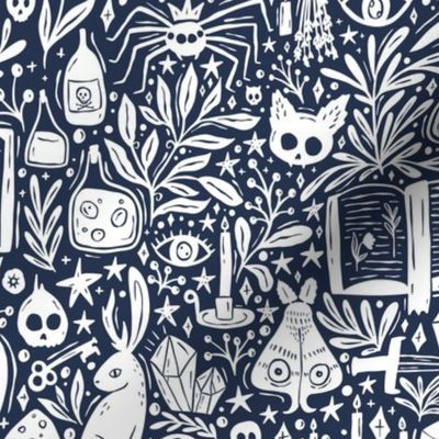 Maximalist Witchy Library Monster Mash - dark academia, cute ghosts and magical creatures - navy blue and white - medium