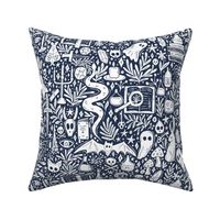 Maximalist Witchy Library Monster Mash - dark academia, cute ghosts and magical creatures - navy blue and white - medium