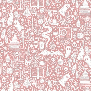 Maximalist Witchy Library Monster Mash - dark academia, cute ghosts and magical creatures - coral pink and white - medium