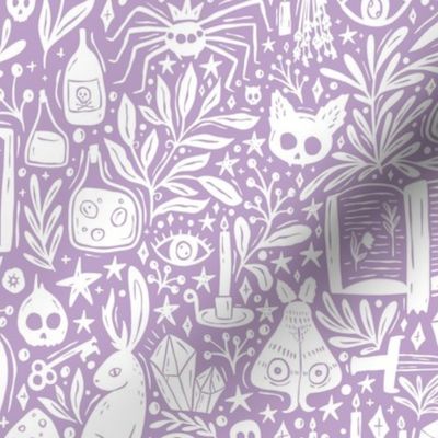 Maximalist Witchy Library Monster Mash - dark academia, cute ghosts and magical creatures - mauve purple and white - medium