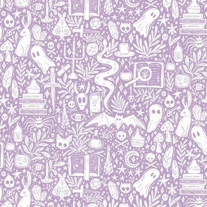 Maximalist Witchy Library Monster Mash - dark academia, cute ghosts and magical creatures - mauve purple and white - medium