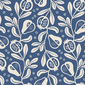 Fruitful, cream on blue (Large) – pears and pomegranate fruit – harvest table