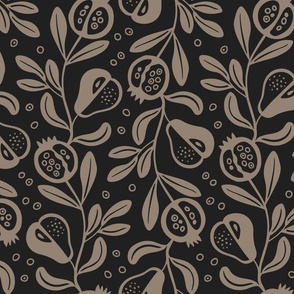 Fruitful, taupe on black (Large) – pears and pomegranate fruit – harvest table