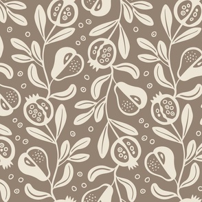 Fruitful, cream on taupe (Large) – pears and pomegranate fruit – harvest table