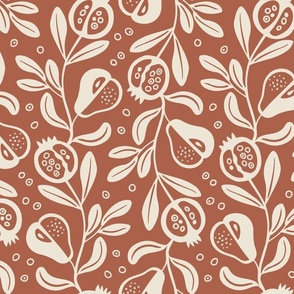 Fruitful, cream on brown (Large) – pears and pomegranate fruit – harvest table