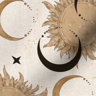 Sun and Moon-on white with gold linen texture (medium scale)