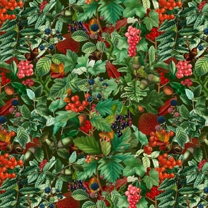 Autumnal Whispers Vintage Botanical Fall Leaves And Berries Nostalgic Pattern On Dark Green Medium Scale