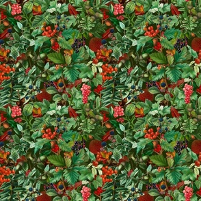 Autumnal Whispers Vintage Botanical Fall Leaves And Berries Nostalgic Pattern On Dark Green Smaller Scale