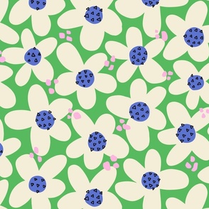 V1 Contemporary Flowers White Blue on Green / Modern Flowers - Medium