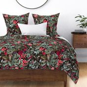 Autumnal Whispers Vintage Botanical Fall Leaves And Berries Nostalgic Pattern Teal Red Large Scale