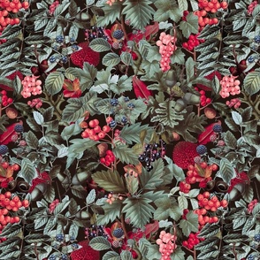 Autumnal Whispers Vintage Botanical Fall Leaves And Berries Nostalgic Pattern Teal Red Medium Scale