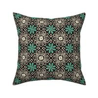 Cactus Flower (Turquoise on Black & Cream) || block print floral