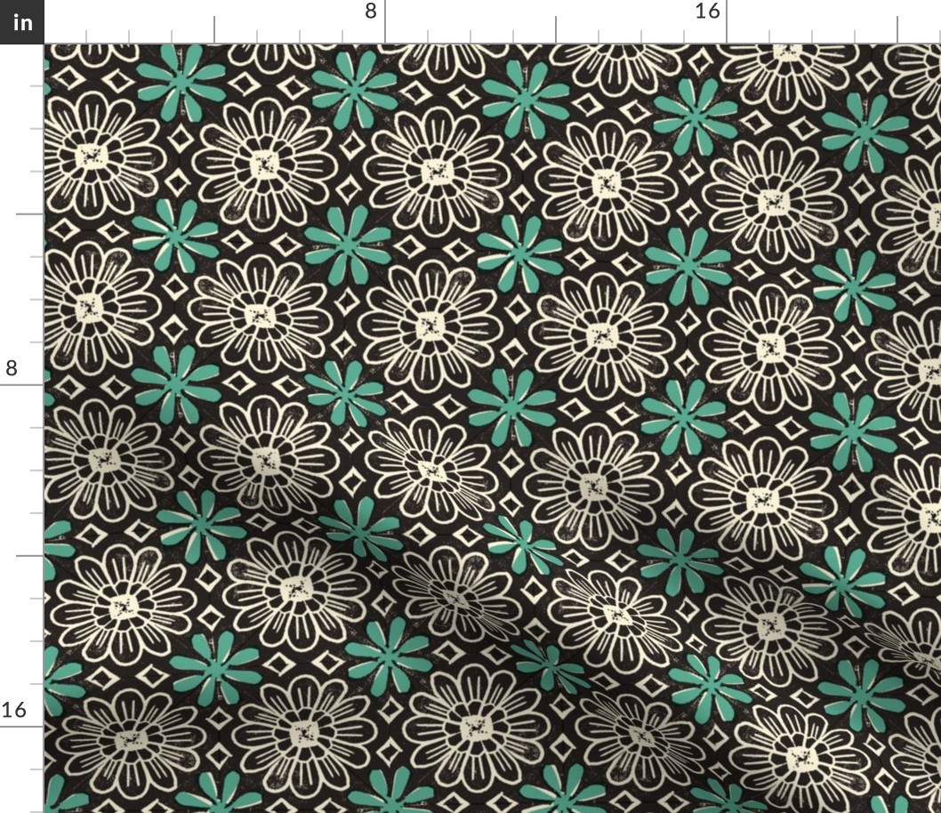 Cactus Flower (Turquoise on Black & Cream) || block print floral