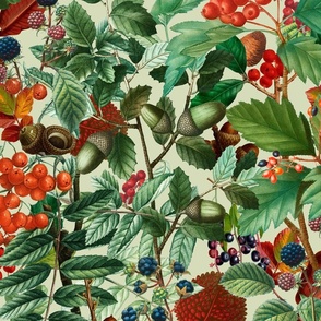 Autumnal Whispers Vintage Botanical Fall Leaves And Berries Nostalgic Pattern On Light Green Large Scale