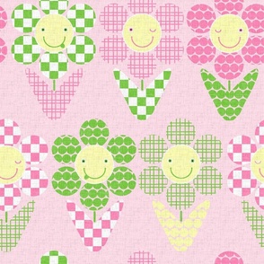 Children's cute cheerful flowers with different textures on a pink background