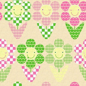 Children's cute cheerful flowers with different textures on a beige background 
