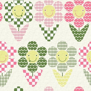 Cute cartoon flowers in shades of green and pink combined with preppy style.